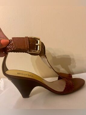 Michael Kors Brown Woven Leather T-Strap Sandal with Gold Buckle